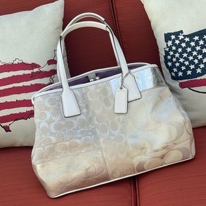 Coach Signature Stripe Patchwork Frame Carryall in White & Silver~ #13537